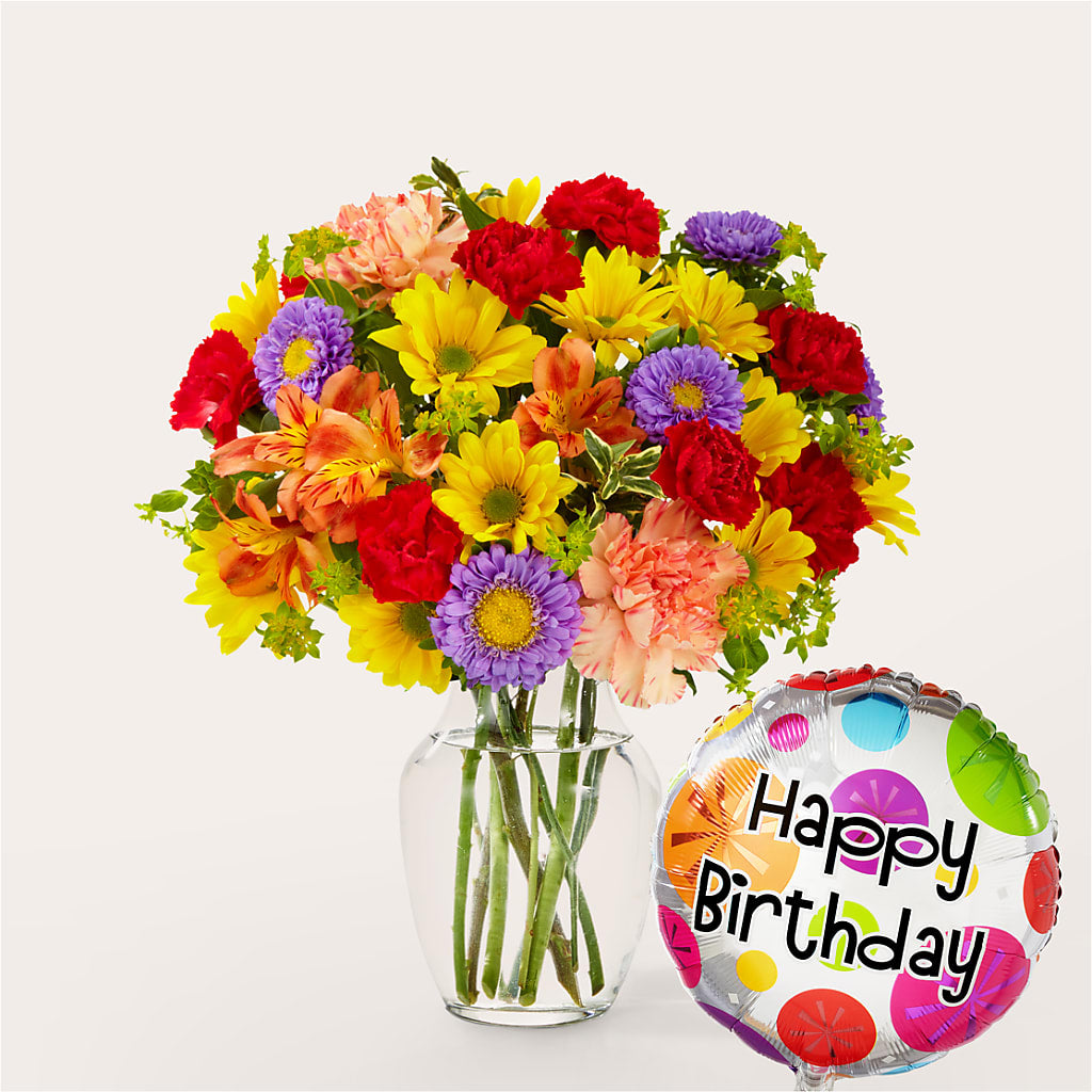Kaleidoscope Bouquet with Birthday Balloon – HELEN'S FLORAL SHOPPE, Phillipsburg NJ