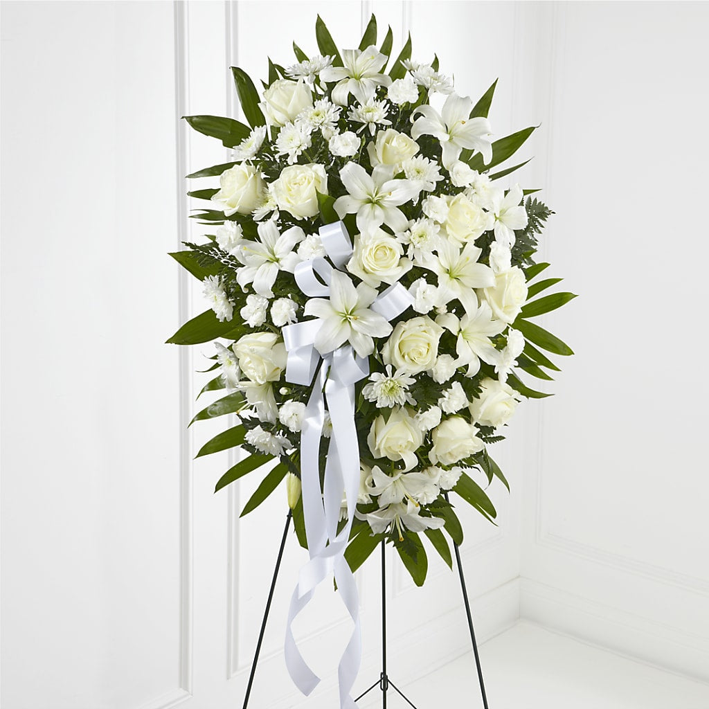 Exquisite Tribute Standing Spray-White Ribbon – HELEN'S FLORAL SHOPPE, Phillipsburg NJ